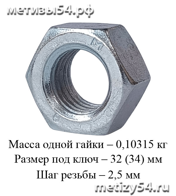 Гайка М22.8 ГОСТ 5915-70, (ГОСТ 5927-70, DIN 934) (покрытие: цинк белый) купить в Новосибирске интернет-магазин Метизы54.рф